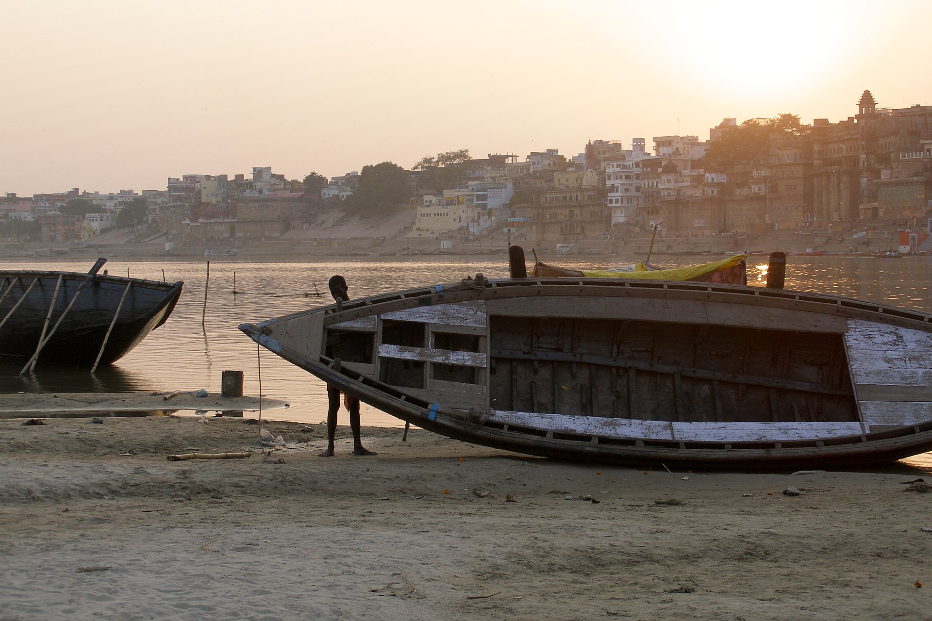 Boats on the Ganges ghats at sunrise, Varanasi